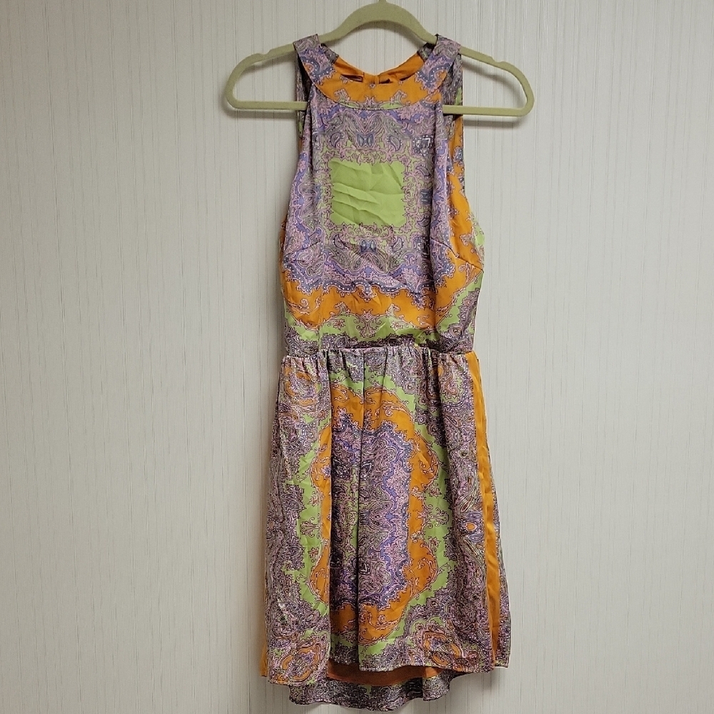 MM Couture Orange & Purple Satin Dress Large. New Summer Paisley Colorful